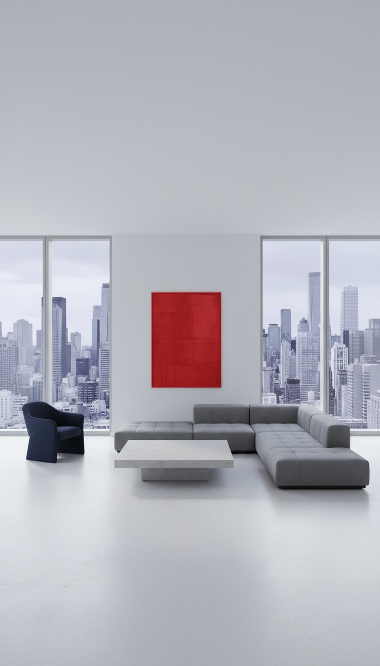 Modern apartment lounge overlooking a city skyline
