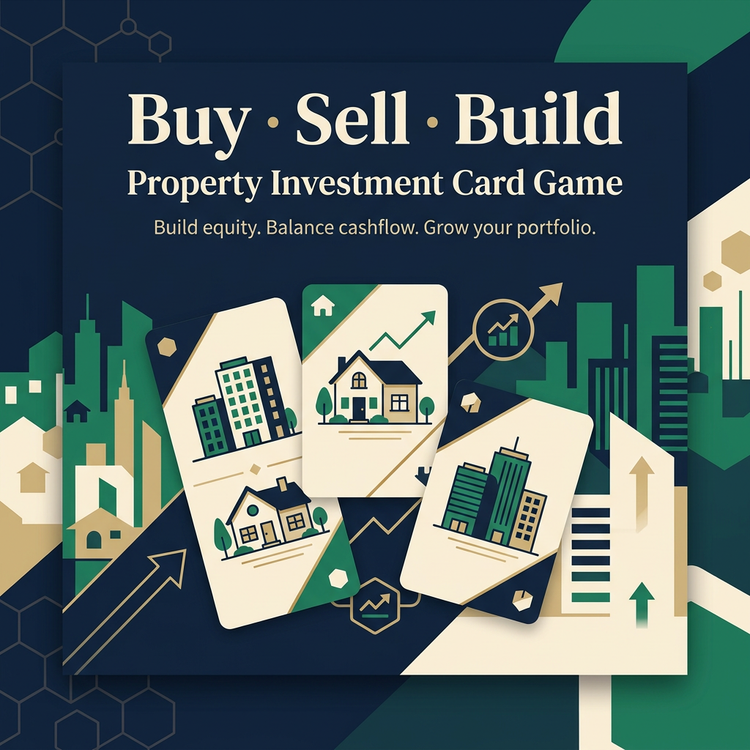 Buy · Sell · Build card game artwork with property cards